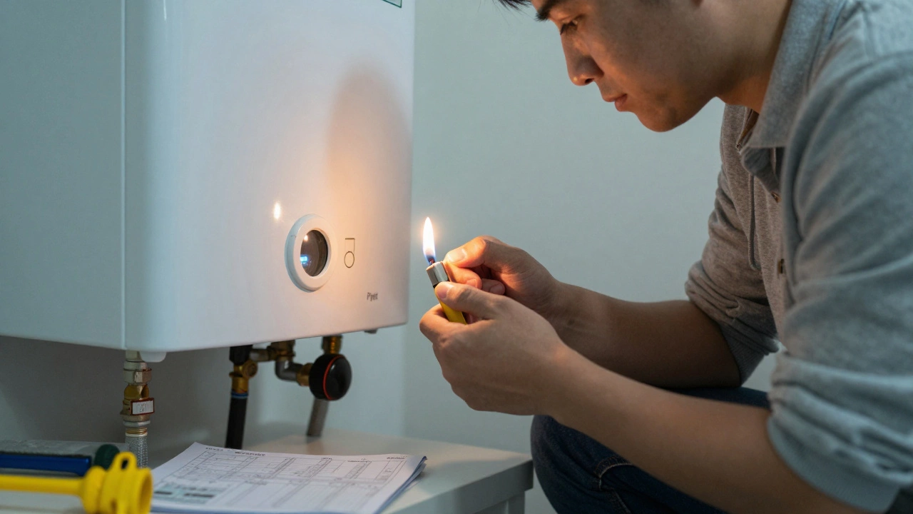 A person relighting the pilot light on a gas water heater using a long lighter, with gas control knob set to 'Pilot'.