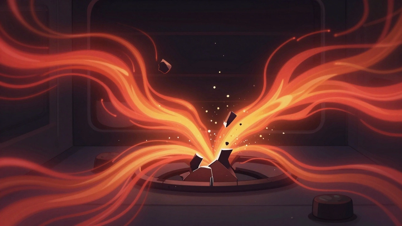 Abstract view of a broken oven element breaking apart with heat waves radiating outward.