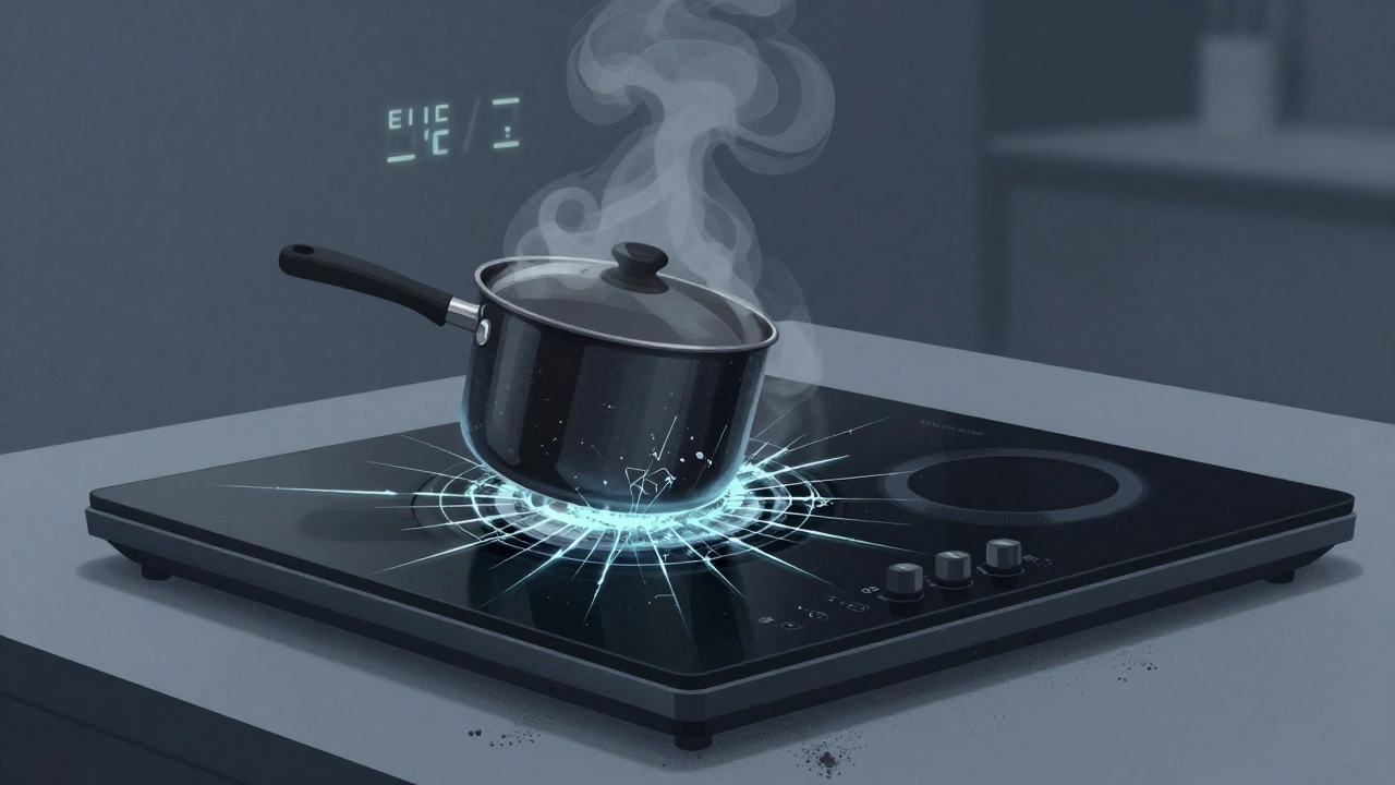 An induction hob with a cracked surface and faint error codes, showing signs of damage from misuse.