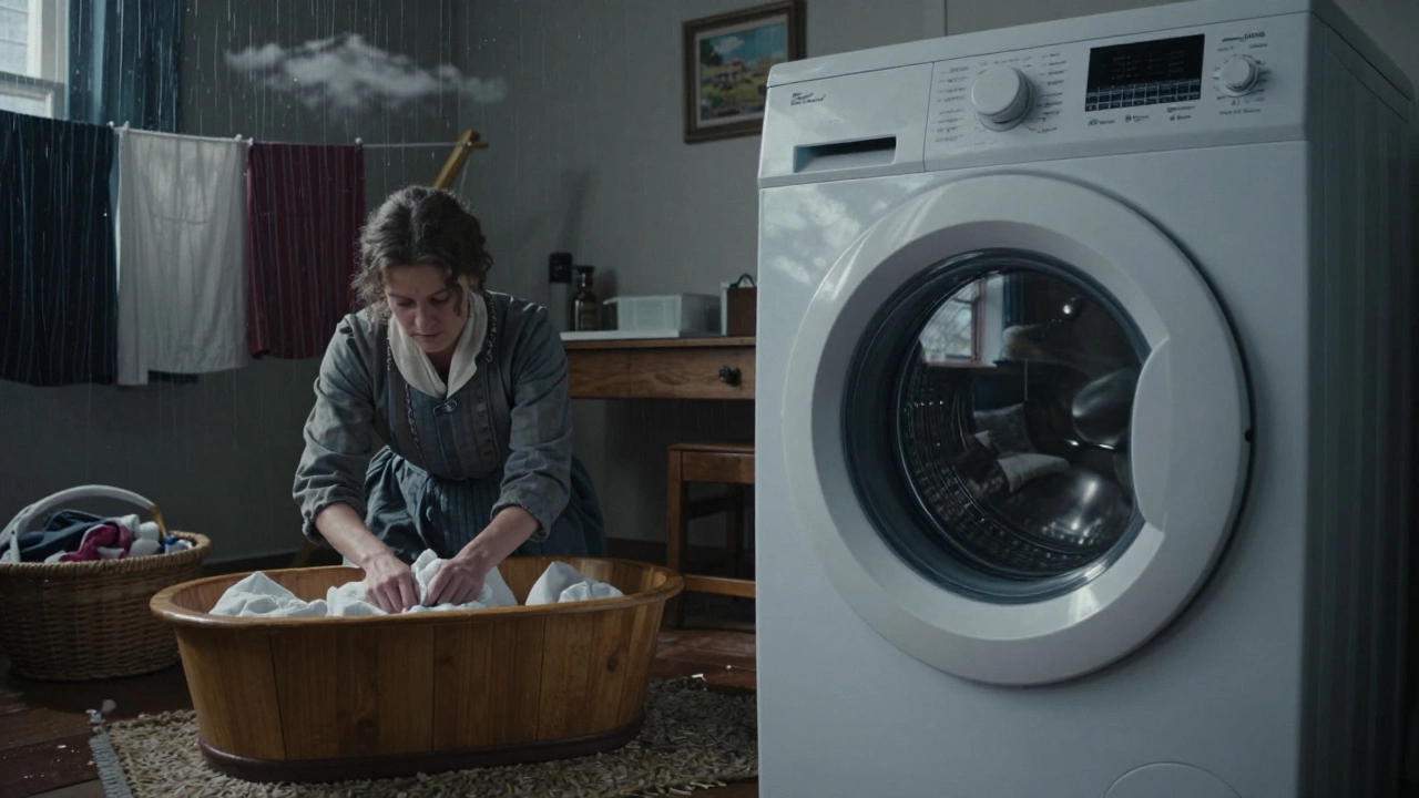 Contrast between 19th-century hand-washing laundry and a modern washing machine in a sunlit laundry room.