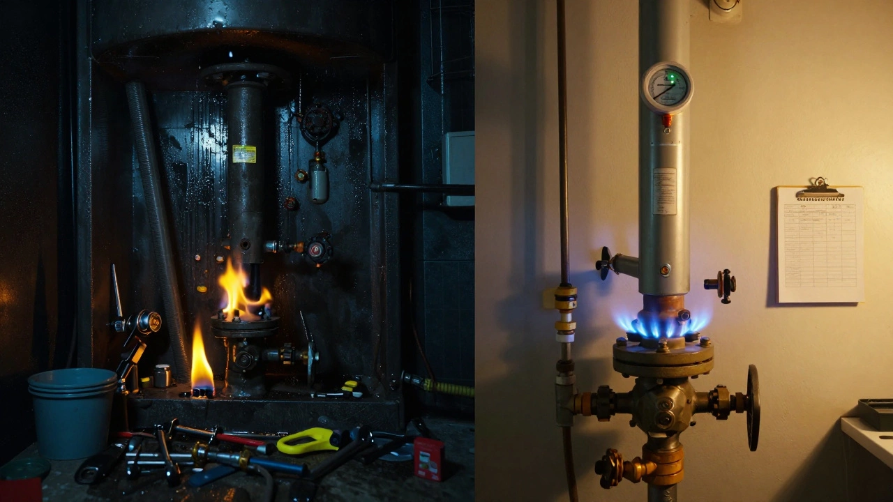 Contrasting scenes: dangerous DIY boiler conditions vs. safe, professionally serviced boiler.