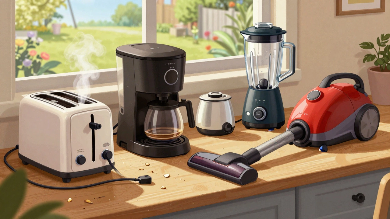 Countertop with small appliances like toaster, coffee maker, blender, and vacuum cleaner in active use.