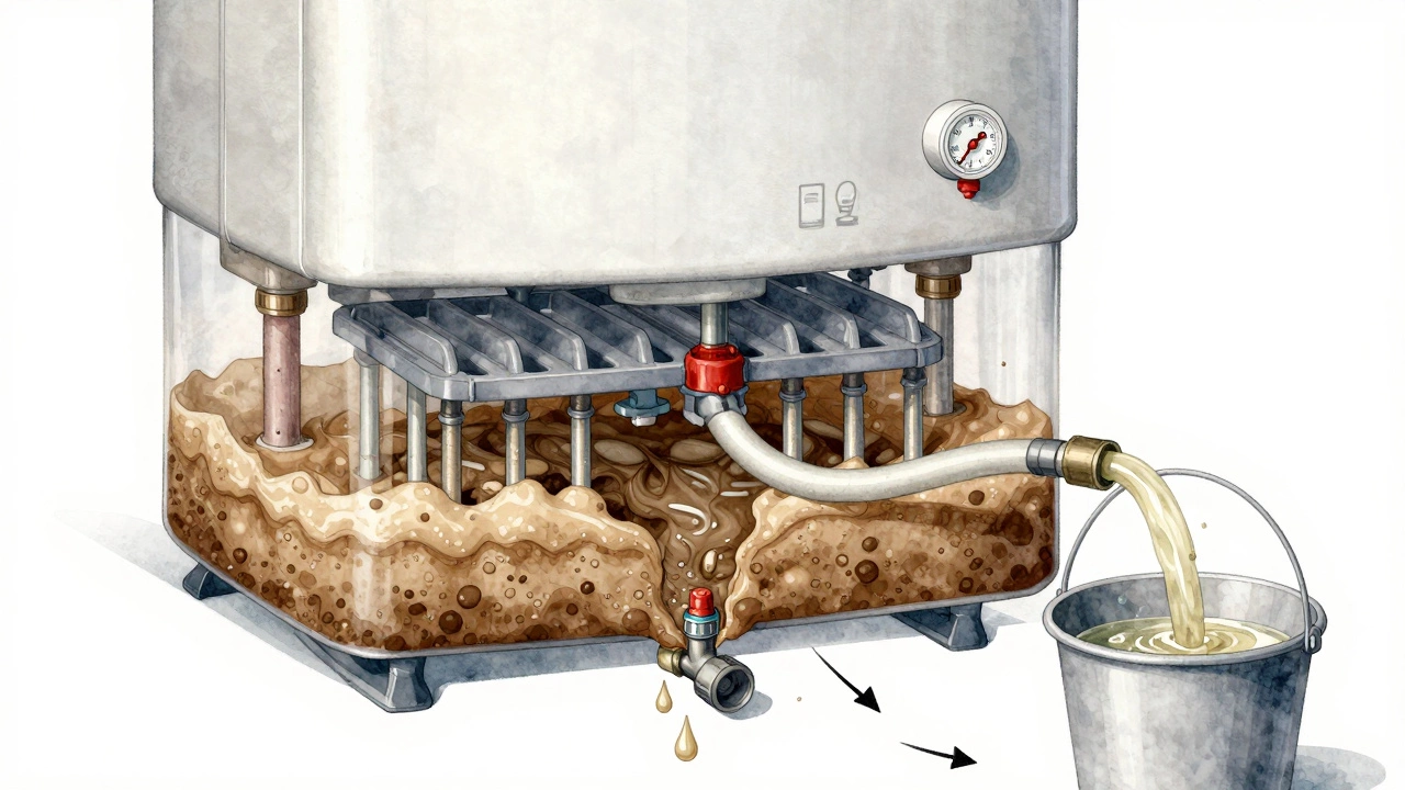 Cross-section of a water heater showing sediment buildup blocking the heating element, with a hose draining rusty water.