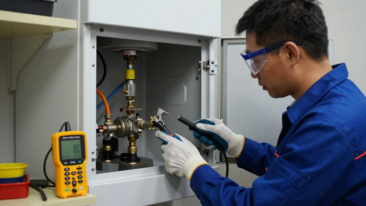 Licensed gasfitter inspecting internal boiler components with safety gear and CO detector nearby.