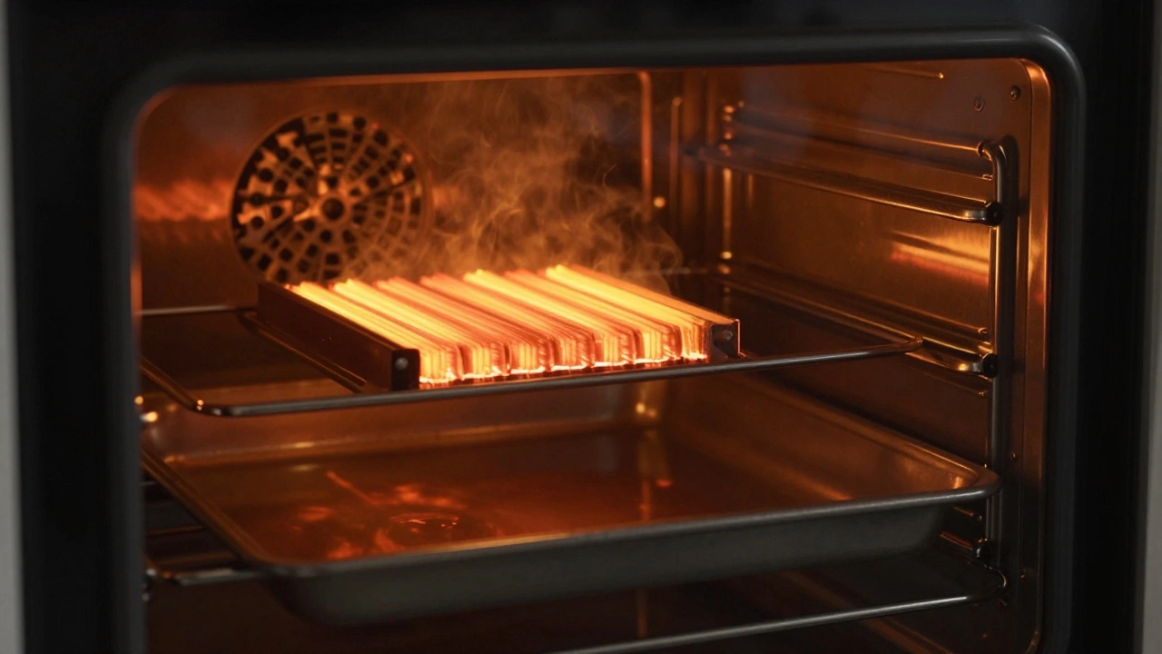 Oven element glowing unevenly—half bright red, half dark—during preheat cycle.