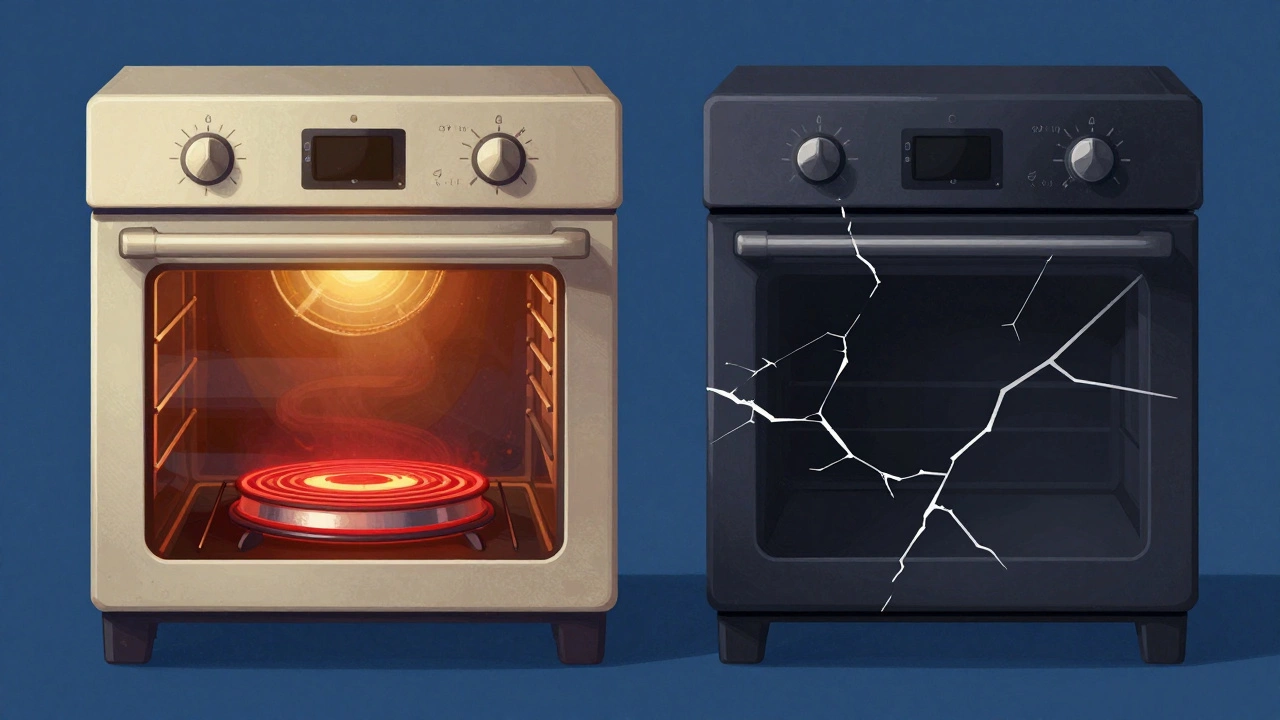 Side-by-side comparison of a functional glowing oven element and a broken, dark one inside an oven cavity.