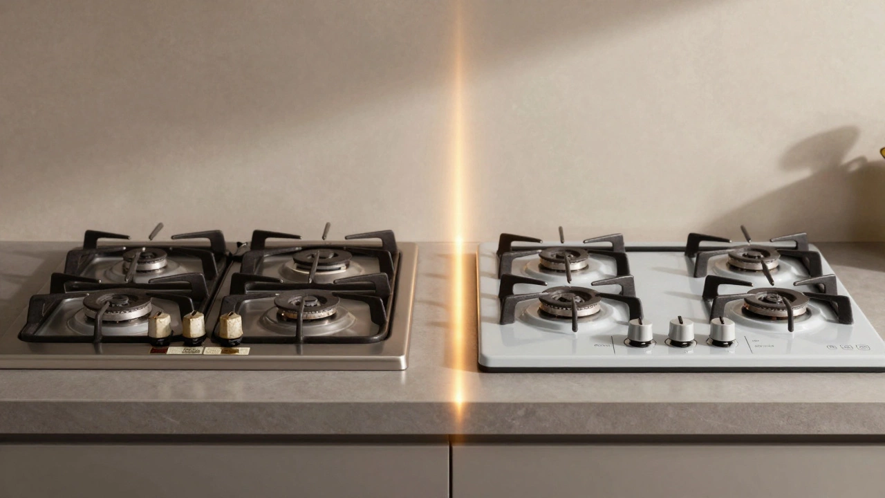 Side-by-side comparison of an old gas hob and a modern hob, symbolizing longevity and efficiency.