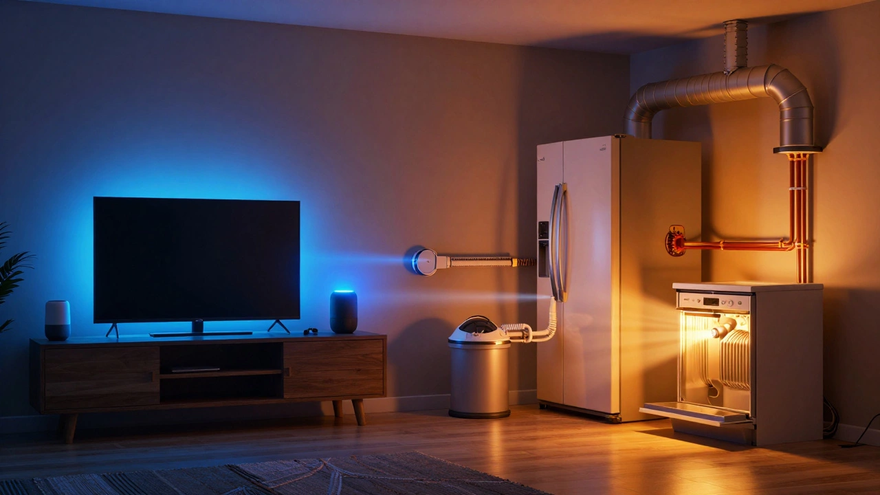 Split scene showing electronics on one side and appliances with connected systems on the other, highlighting functional differences.