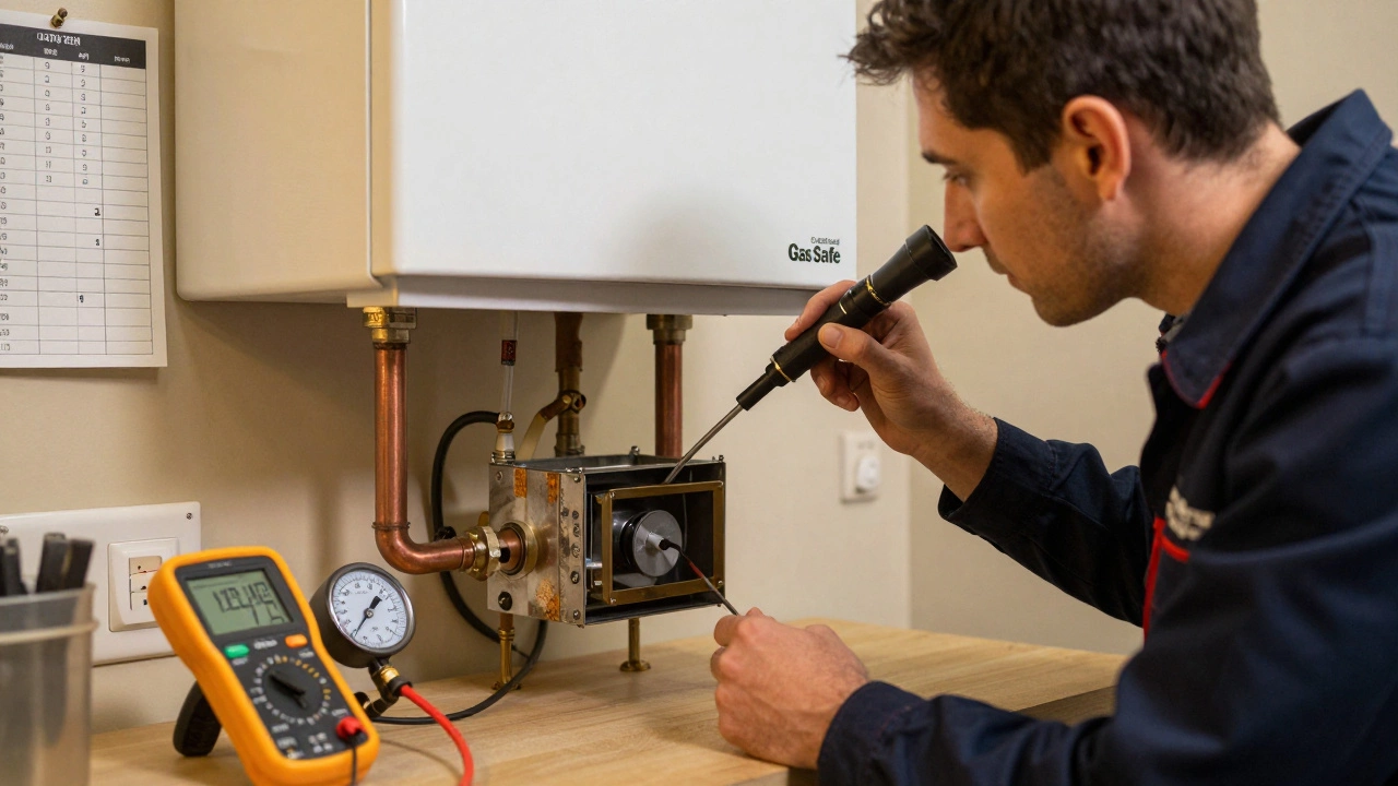A certified technician using a borescope to inspect a boiler's heat exchanger, with diagnostic tools on a clean workbench.
