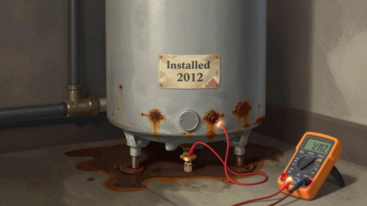A rusted water heater tank leaking dark water on a basement floor, with a multimeter nearby.
