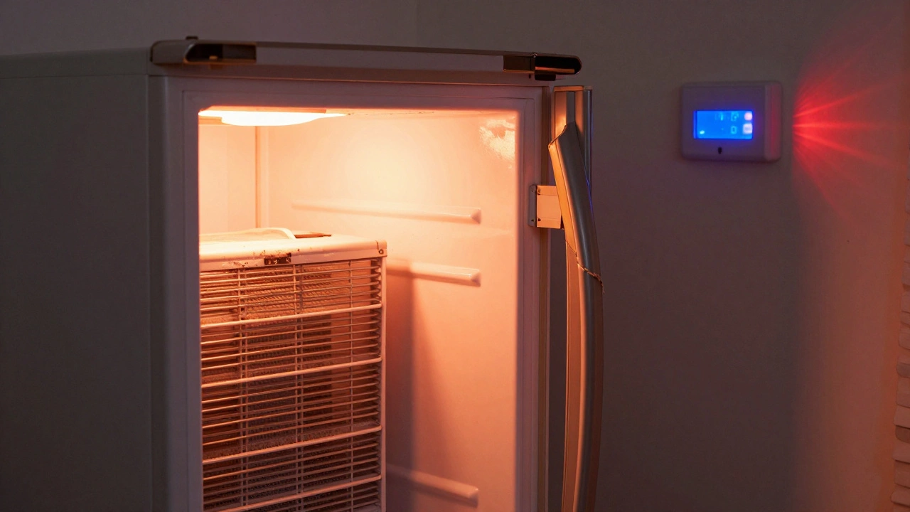 Aging refrigerator with hot back panel and cracked door seal.