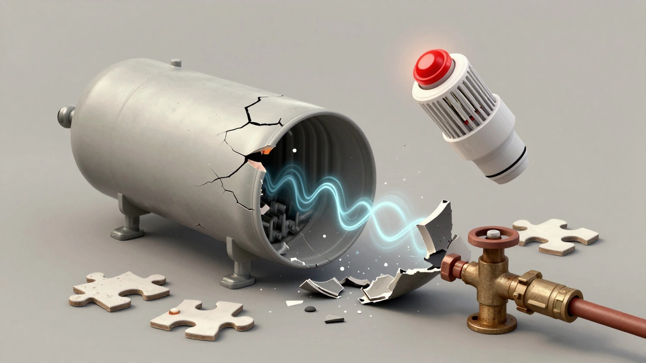 Broken water heater components floating around a cracked tank, with a glowing reset button above symbolizing recurring failure.