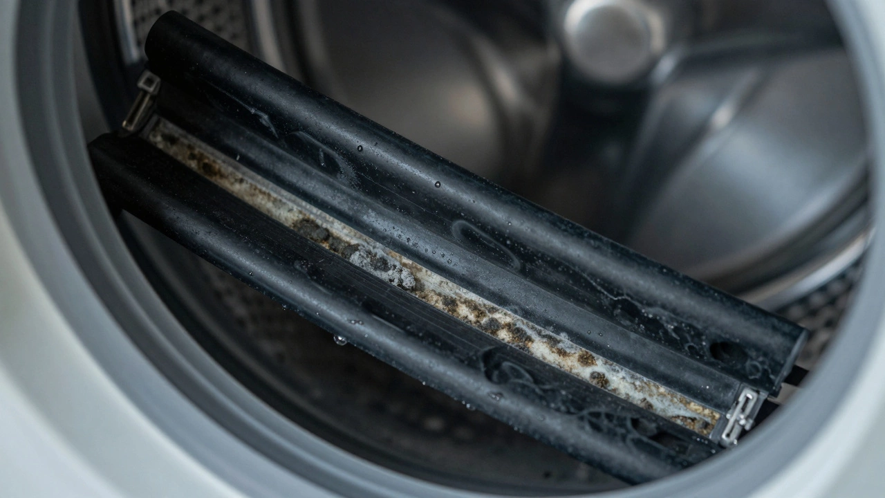 Close-up of a moldy and cracked washing machine door seal.