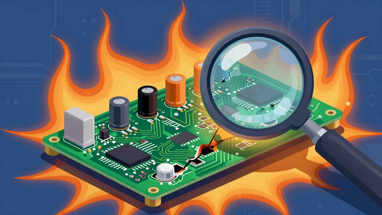 Close-up of damaged circuit board with burnt components and cracked solder joints.