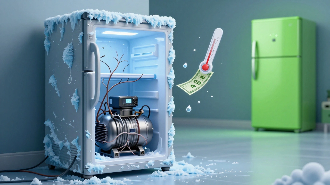 Conceptual fridge as a tired figure with frost and failing parts.