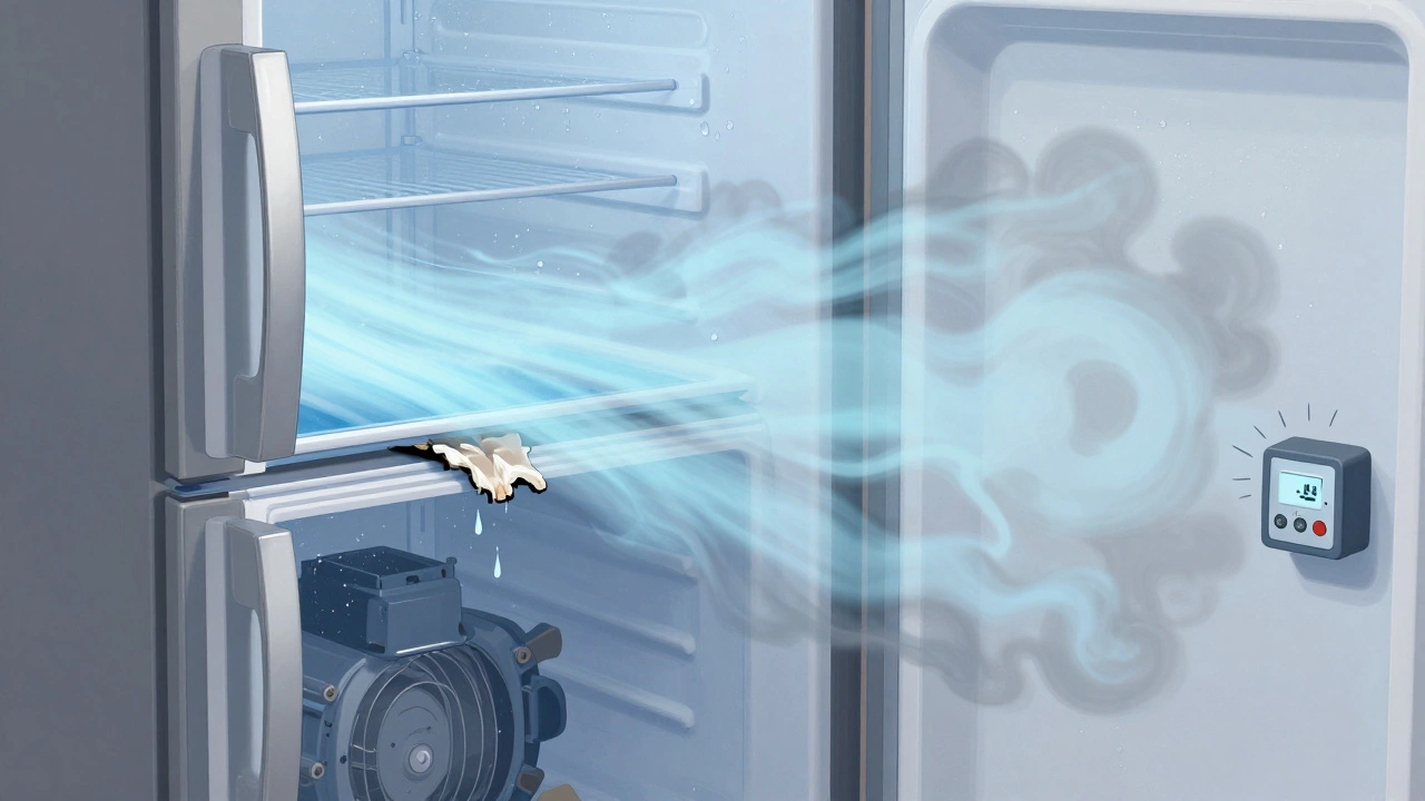 Cross-section of a fridge showing cold air leaking out through a damaged door seal, with warm air entering.