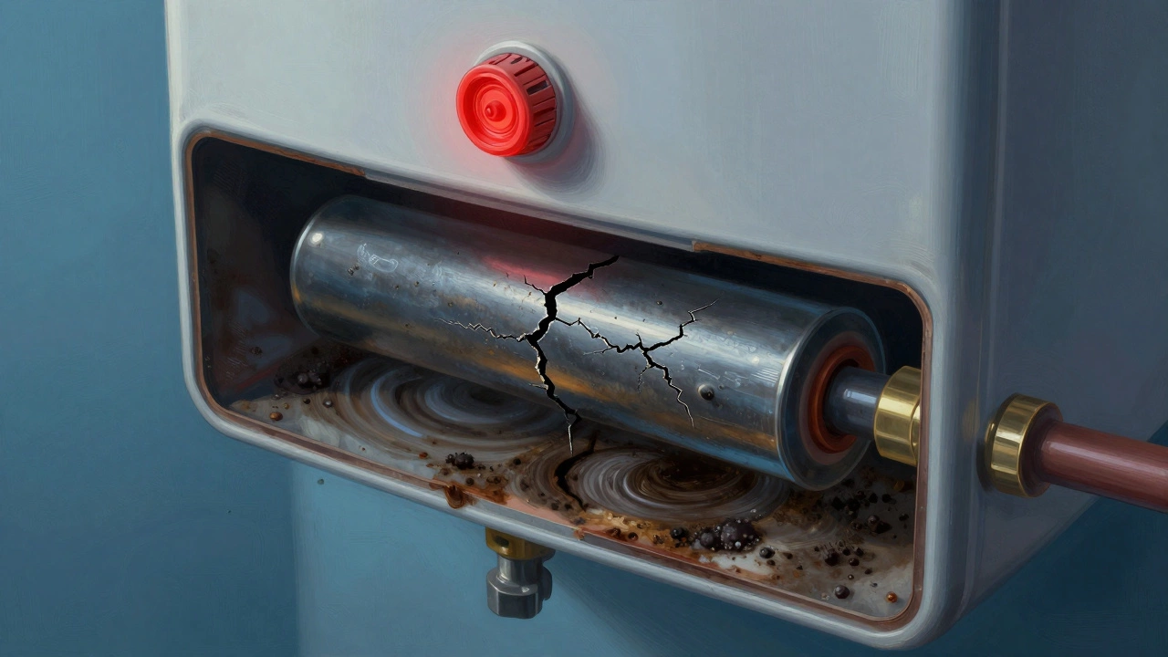 Cross-section of water heater tank showing mineral buildup on the bottom element and sediment accumulation.