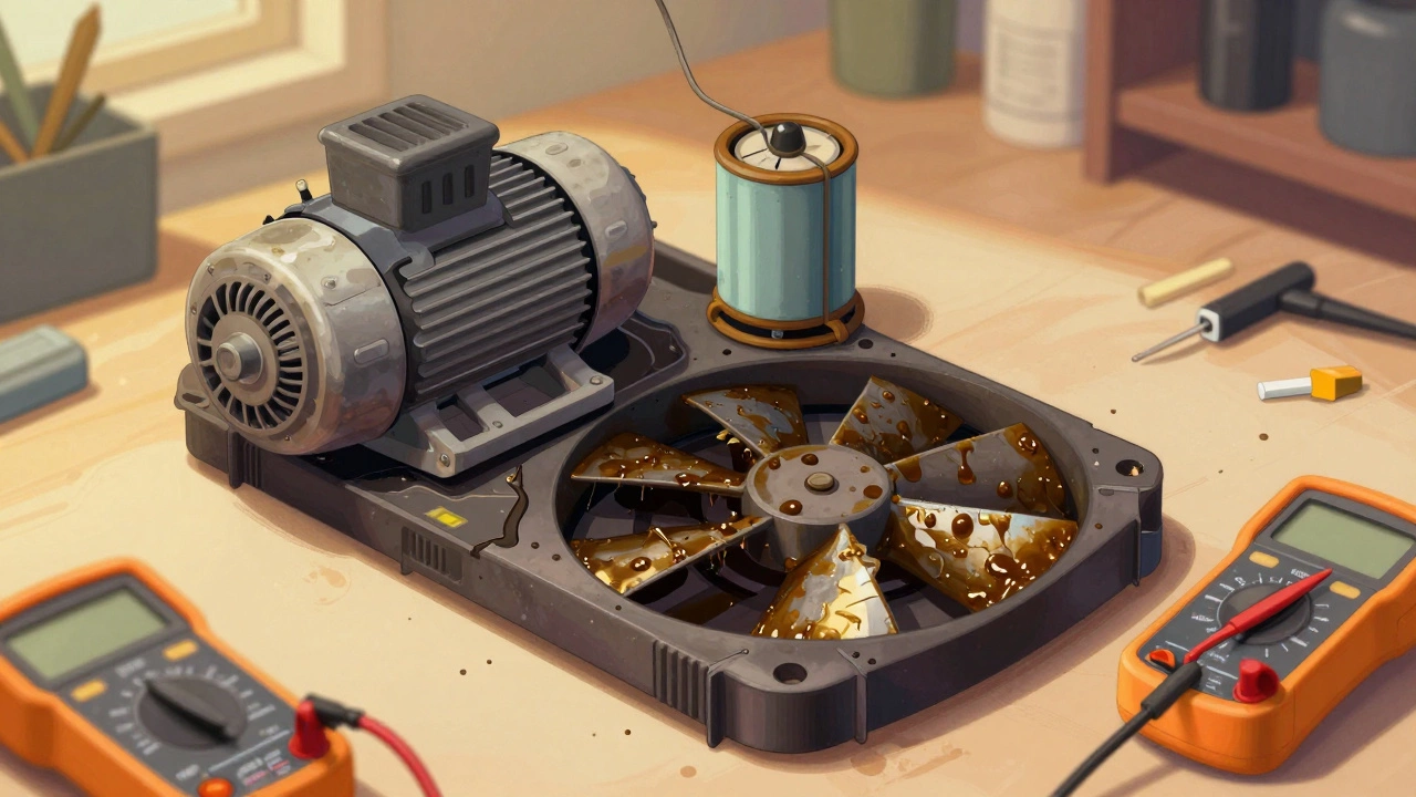 Disassembled extractor fan parts showing motor, capacitor, and greasy blades on a workbench.