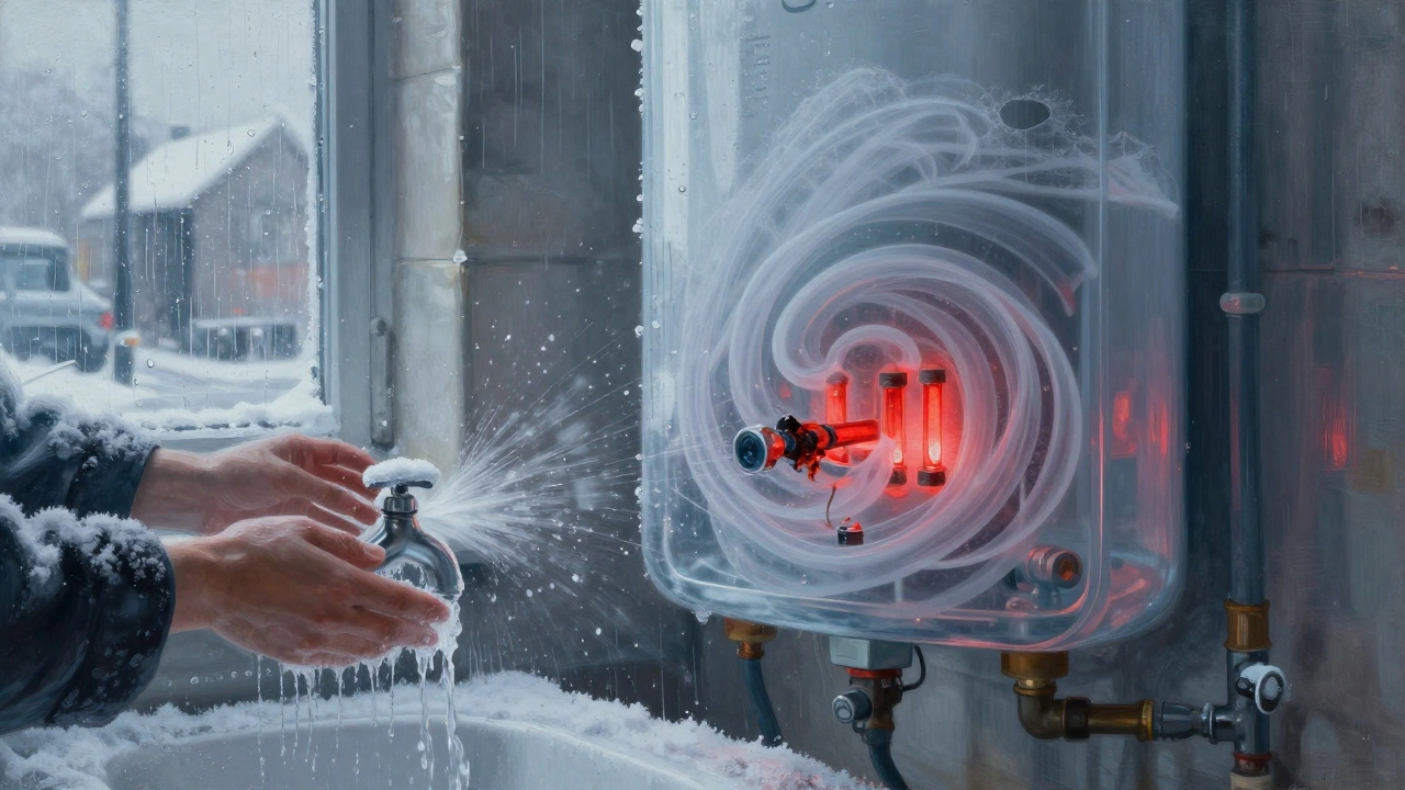 Ghostly mineral buildup inside a water heater tank, with burnt-out heating elements glowing faintly.