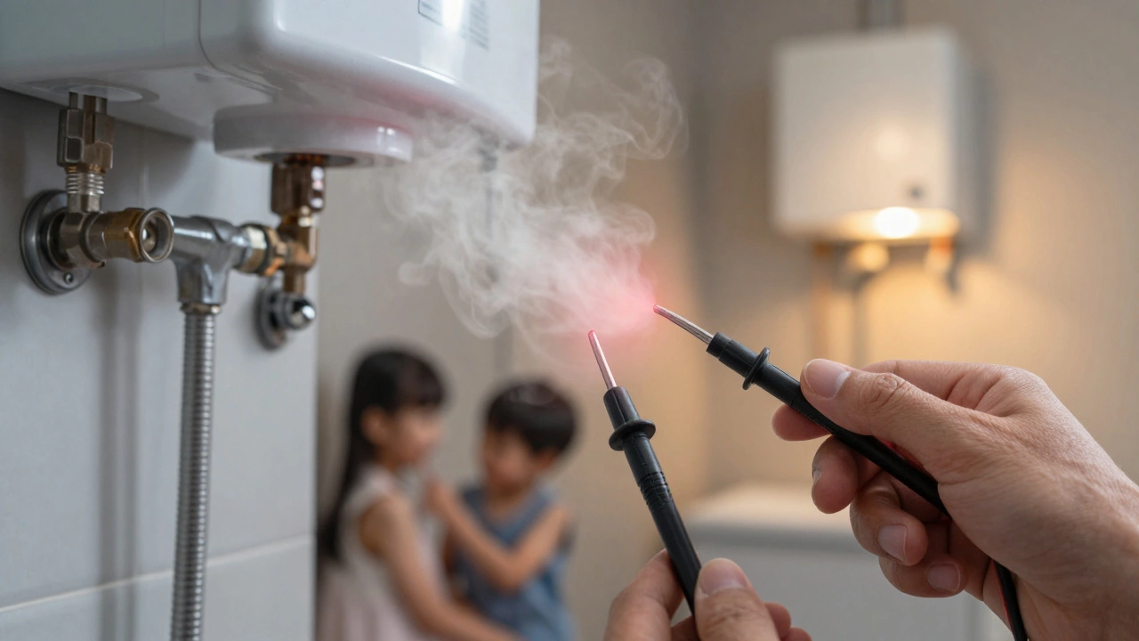 Hand testing a water heater element with multimeter, faint red glow indicating electrical failure.