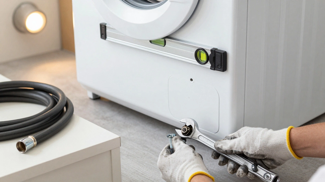 Hands adjusting washing machine feet with a wrench and level.