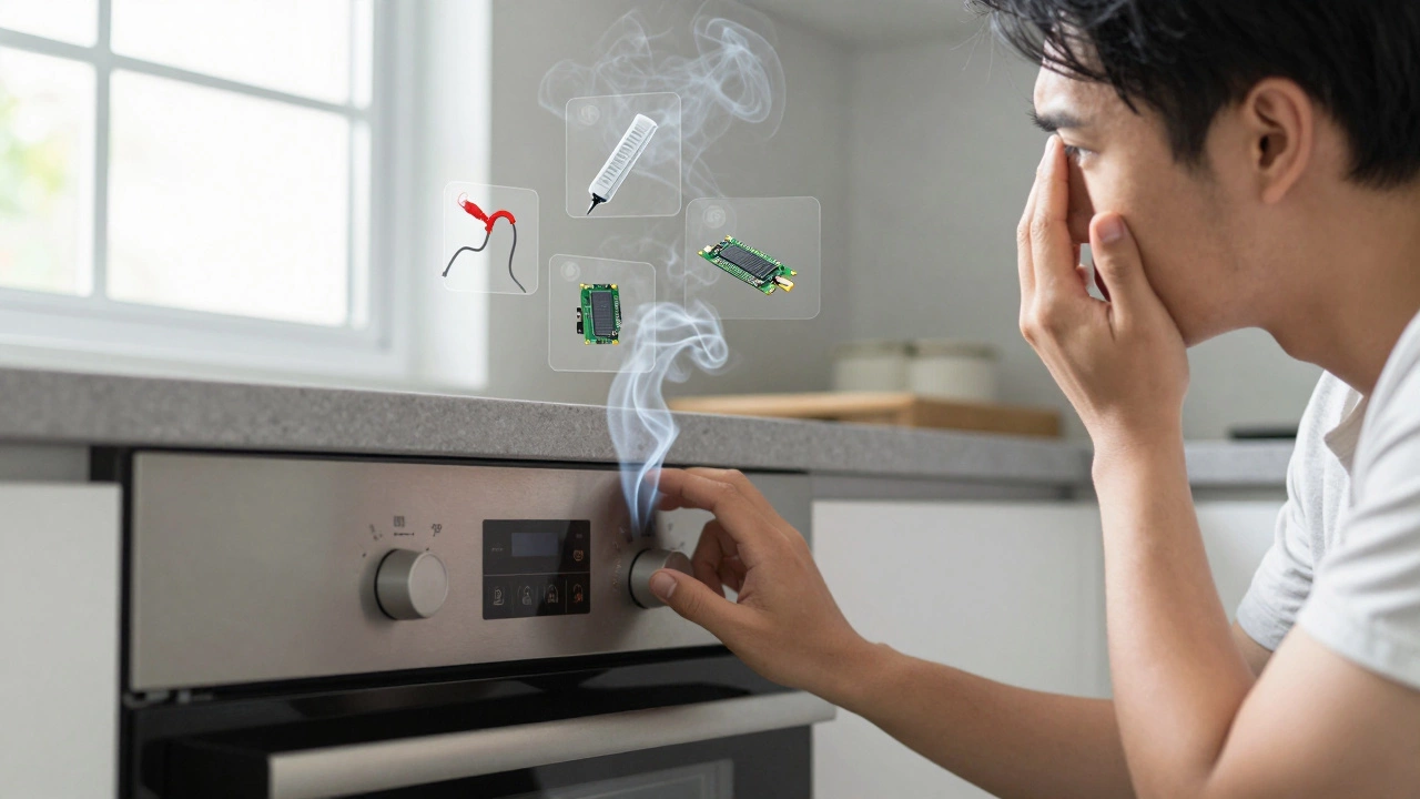 Homeowner standing before oven with smoke rising, icons of error codes and replacement board floating above.