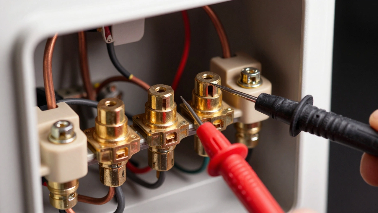 Multimeter probes testing electrical terminals on a heater