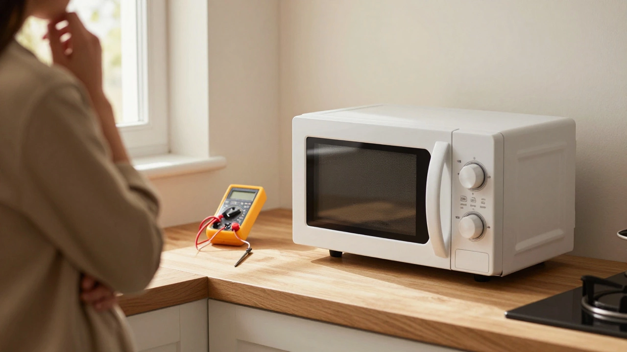 Person deciding between old broken microwave and new replacement in kitchen