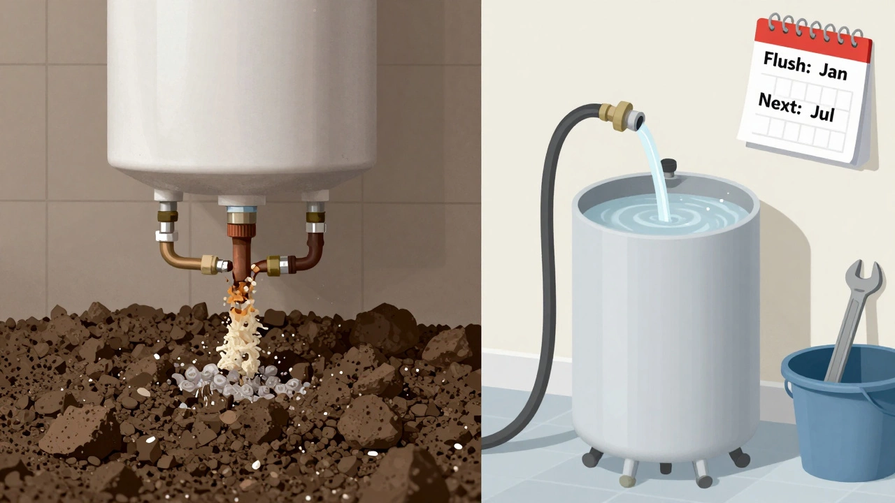 Side-by-side comparison of a sediment-clogged water heater tank versus a clean, flushed one.