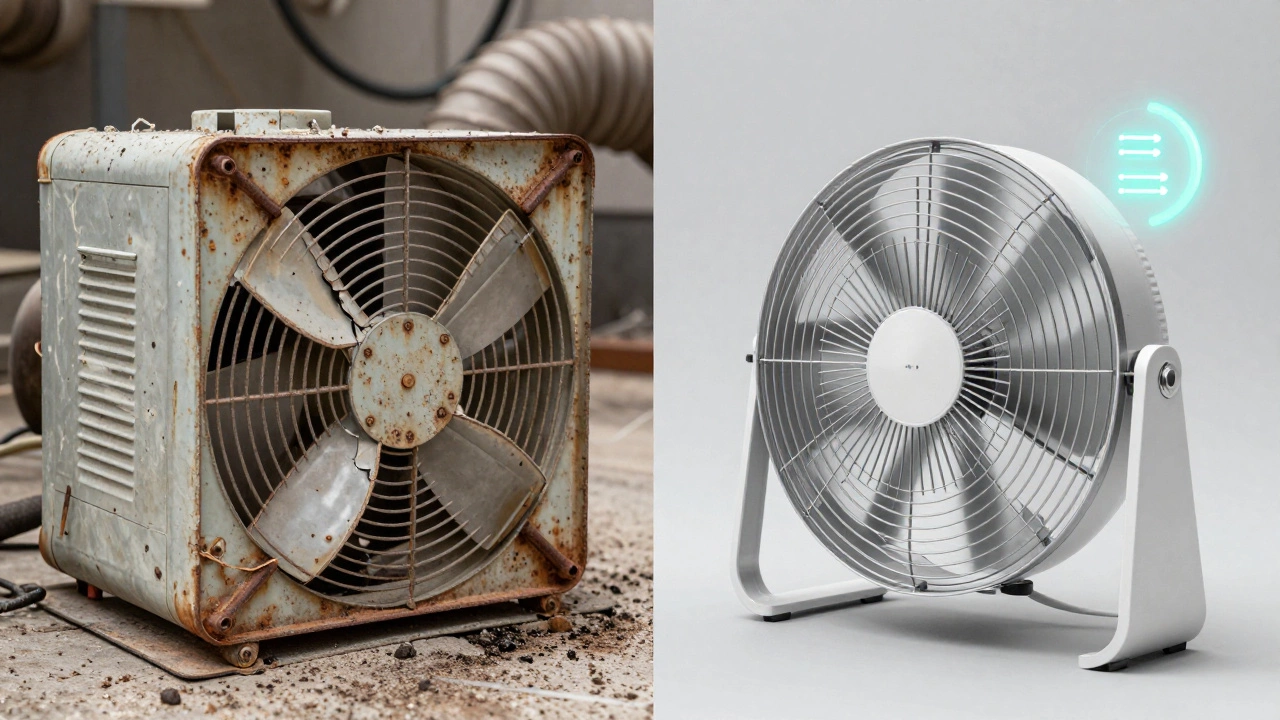 Side-by-side comparison of old faulty extractor fan and modern efficient replacement.