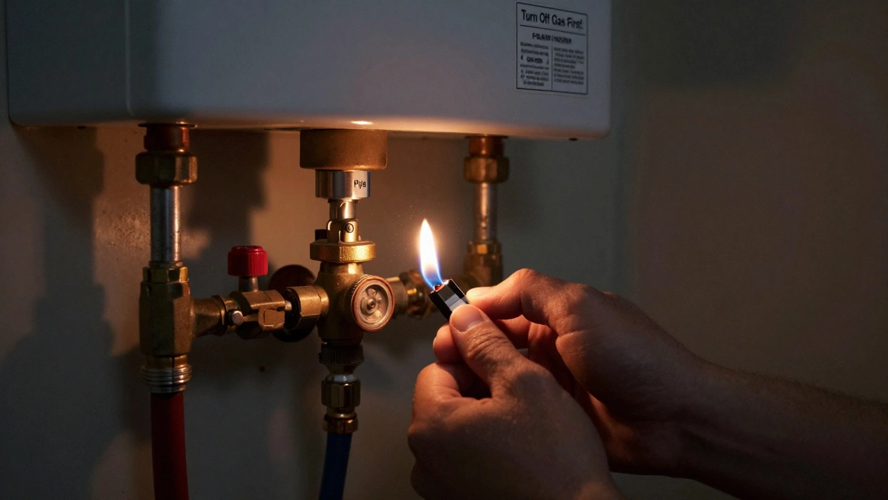 Someone relighting a gas water heater pilot light with a butane lighter in a dim utility room.