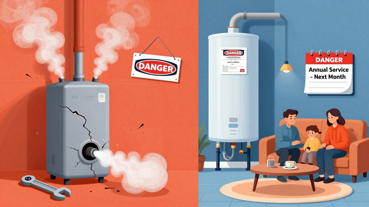 Split image: left shows a dangerous DIY boiler failure, right shows a safe, serviced boiler with a family in a warm home.