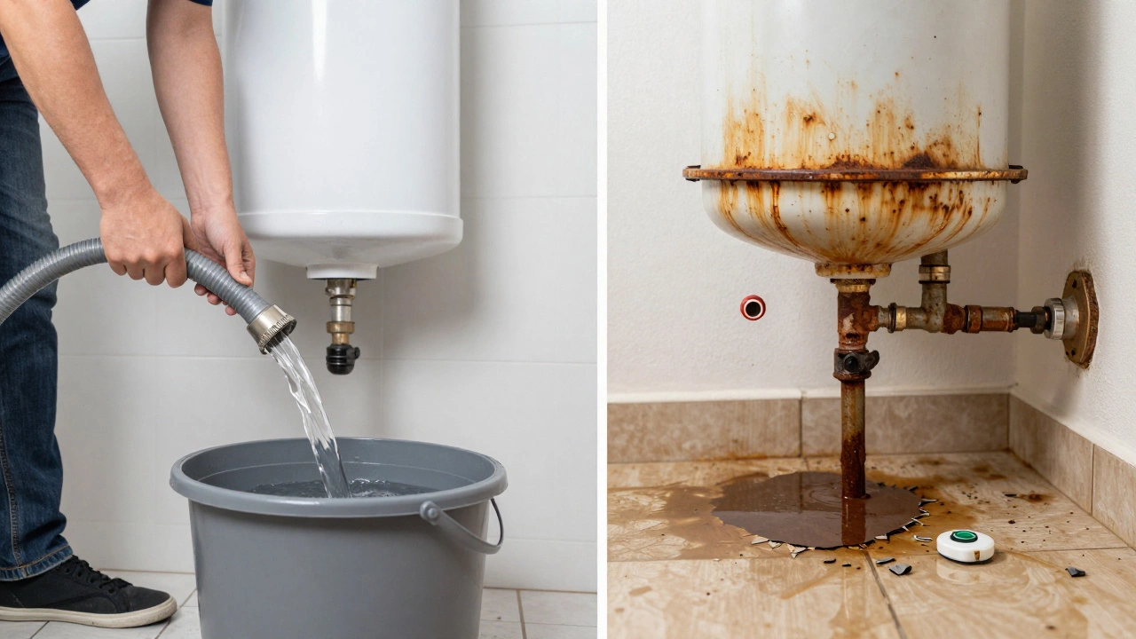 Split image: one side shows proper water heater maintenance, the other shows a flooded basement from a failed unit.