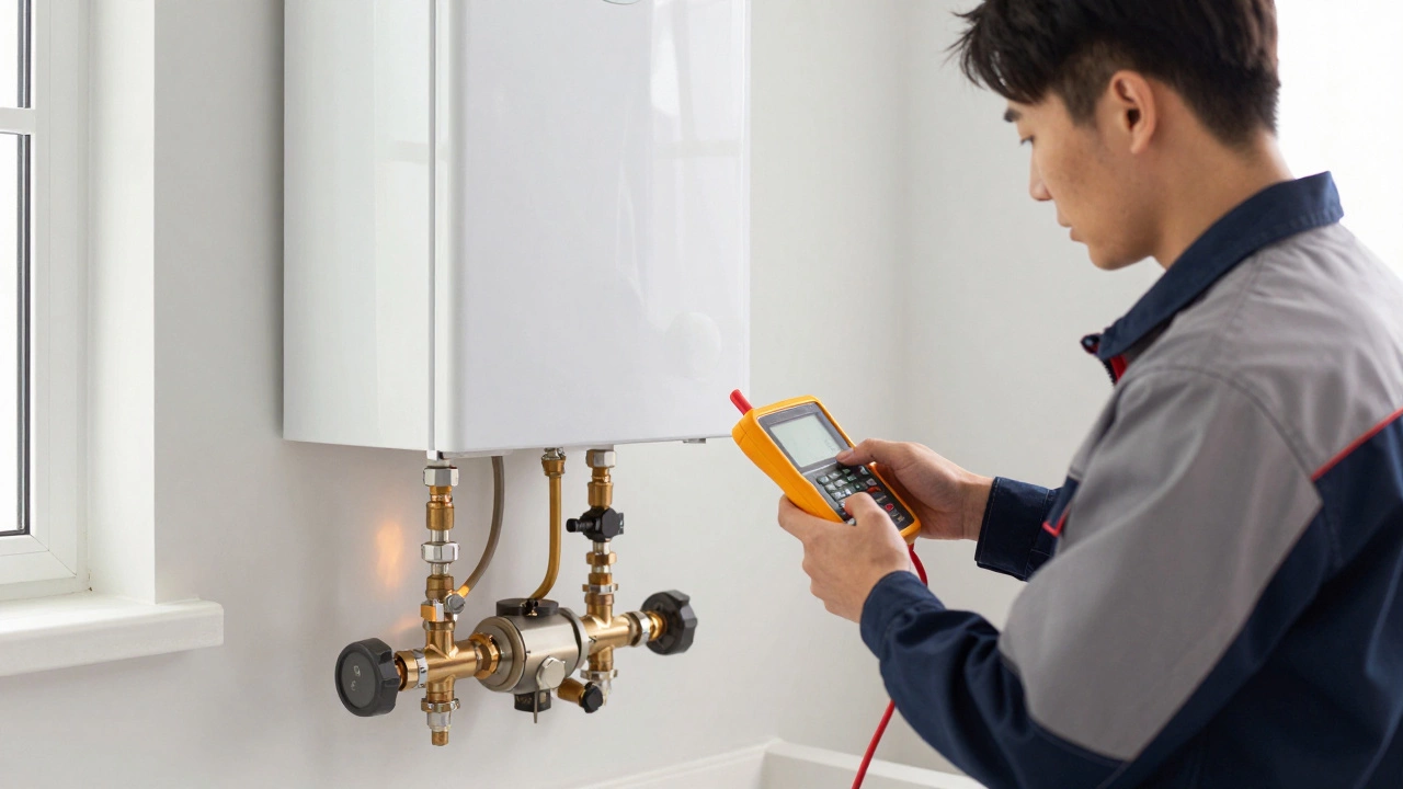 Technician inspecting modern boiler with tools in bright safe workshop environment.