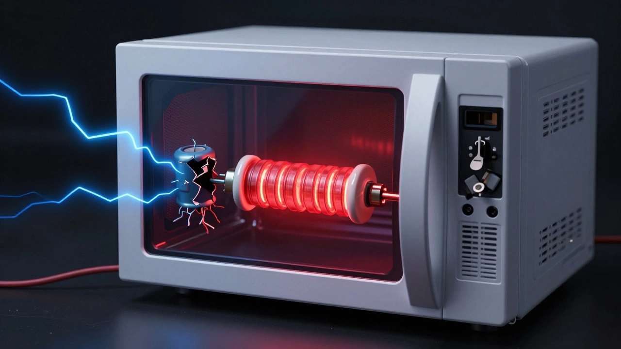 Transparent microwave showing blown fuse and failing internal components