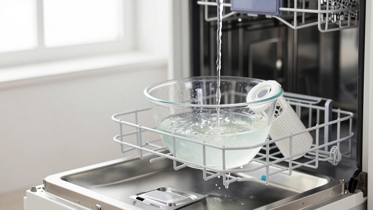 A bowl of vinegar on a dishwasher rack and a filter being cleaned