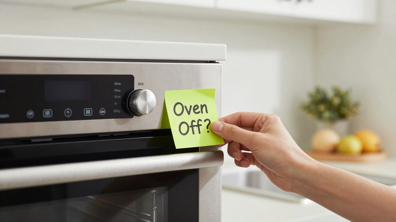 A hand placing a reminder magnet on a refrigerator in a bright, clean kitchen.