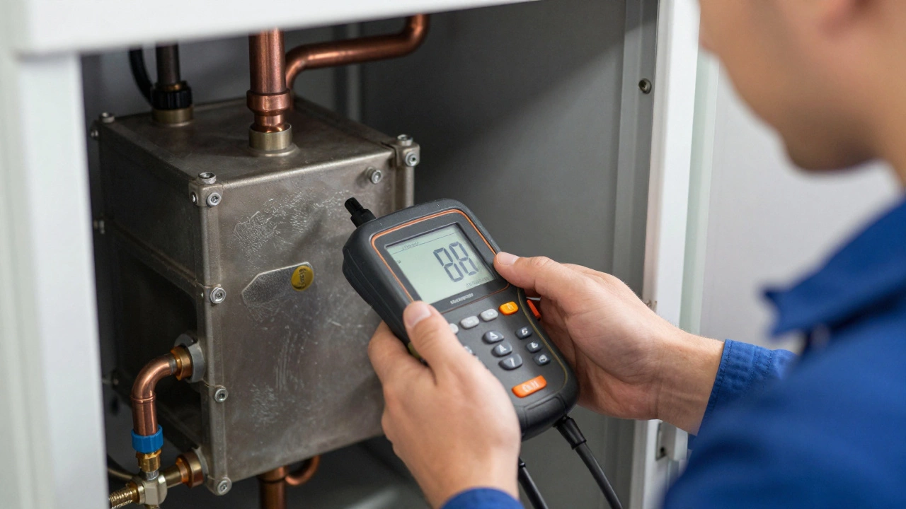 A technician using a gas analyzer to service the internal parts of a boiler