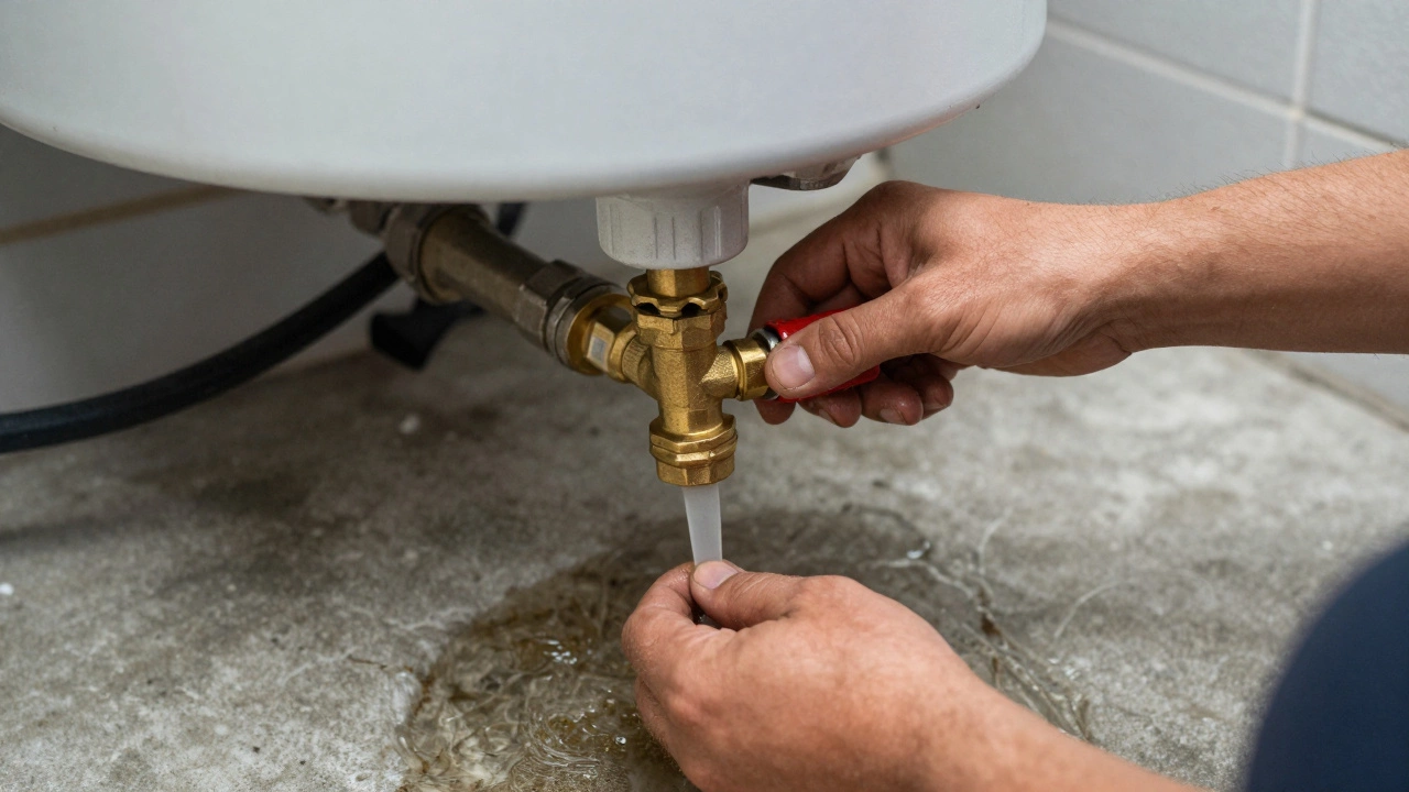 Close-up of a plumber flushing sediment from a water heater drainage valve.