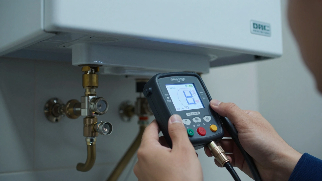 Close-up of a technician using a digital analyzer to check boiler flue gases.