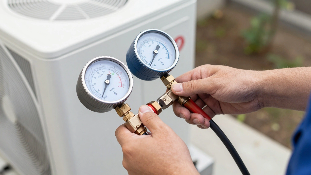Close-up of a technician using a manifold gauge set to check a heat pump.