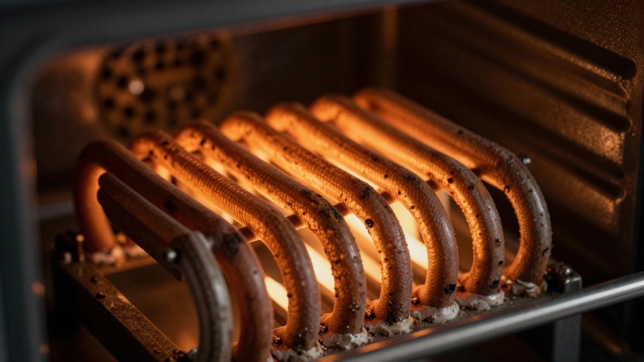 Close-up of a worn and failing electric oven heating element with uneven glowing light.