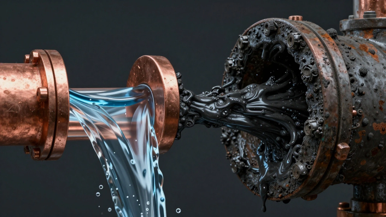 Comparison of a clean water pipe versus a pipe clogged with black magnetite sludge