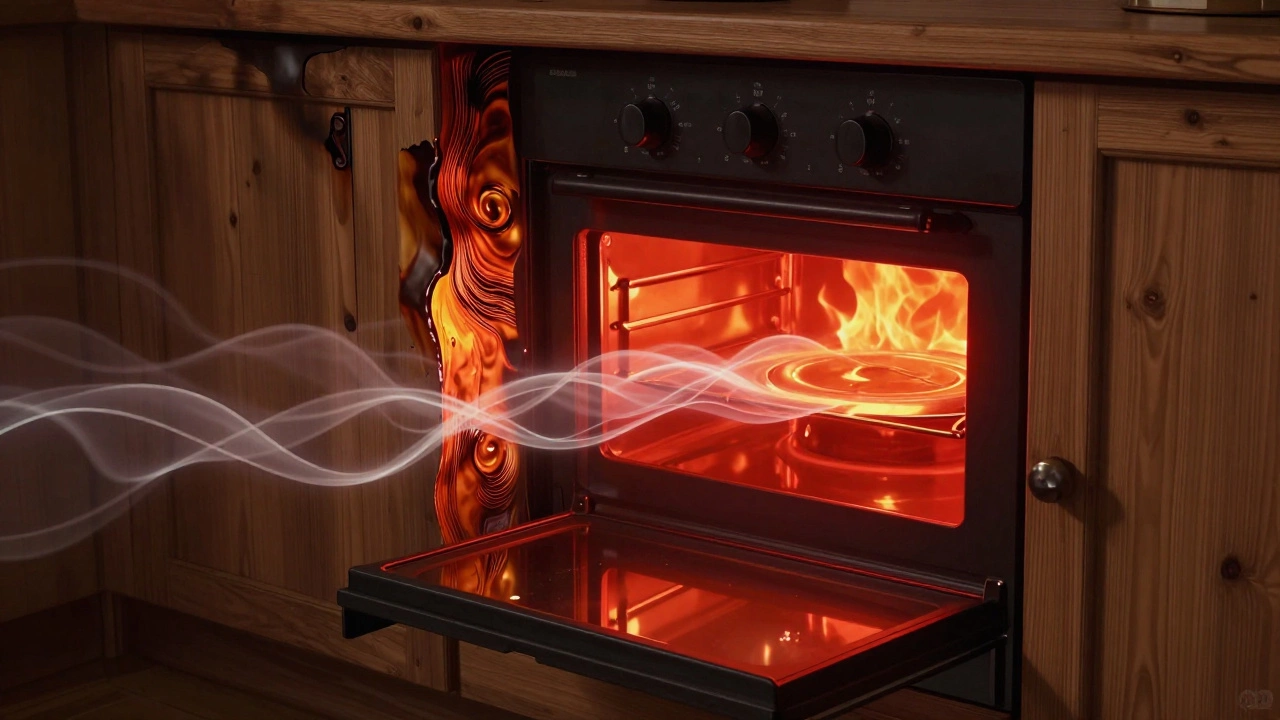 Conceptual illustration of heat transferring from an oven into surrounding wooden cabinets.