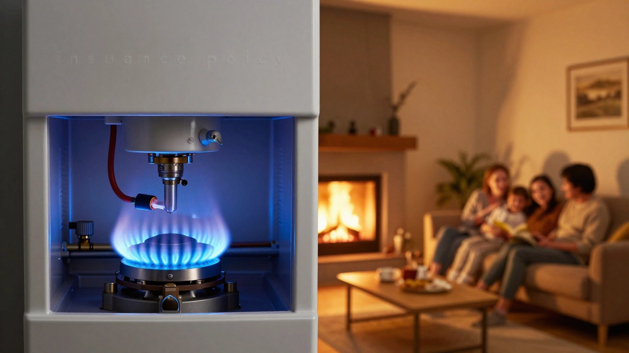 Conceptual image showing a maintained boiler and a warm, cozy home interior.