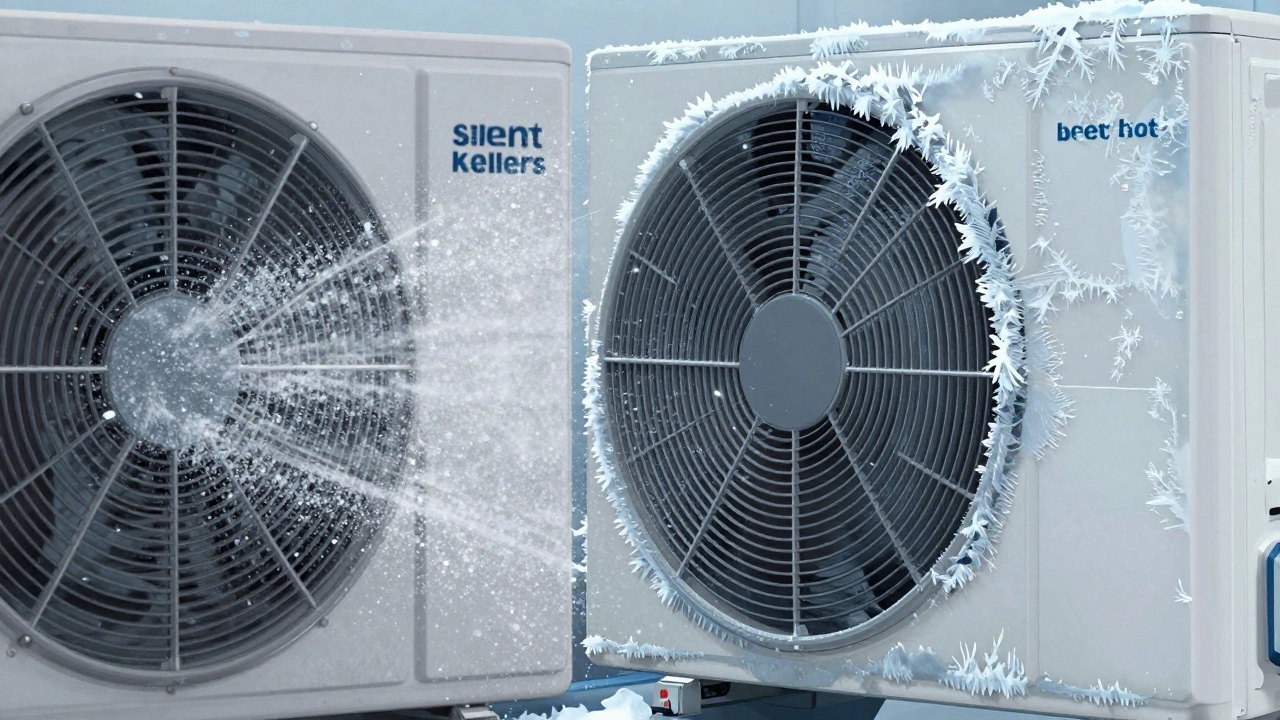 Conceptual image showing salt corrosion and ice buildup on heat pump coils.