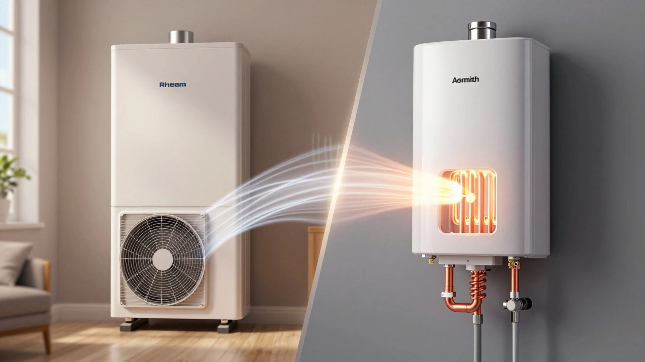 Conceptual split view of a hybrid heat pump water heater and a high-efficiency tankless unit.