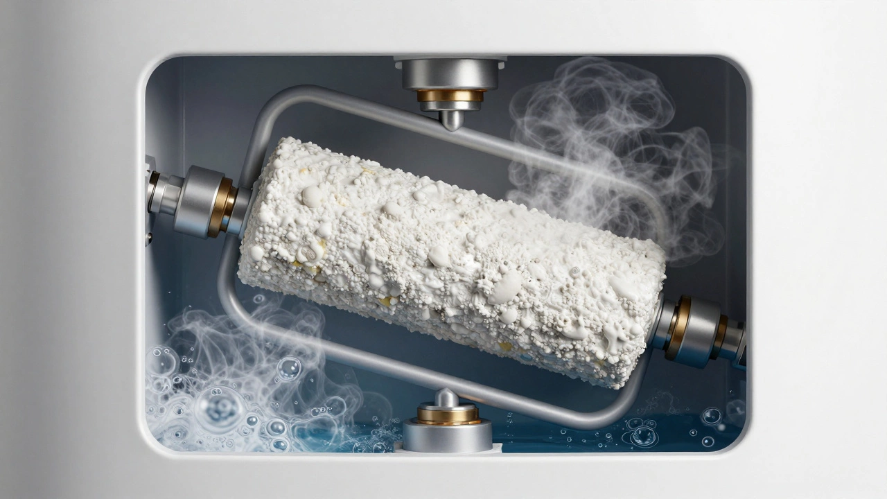 Cutaway of a water heater tank showing scale buildup on the lower element