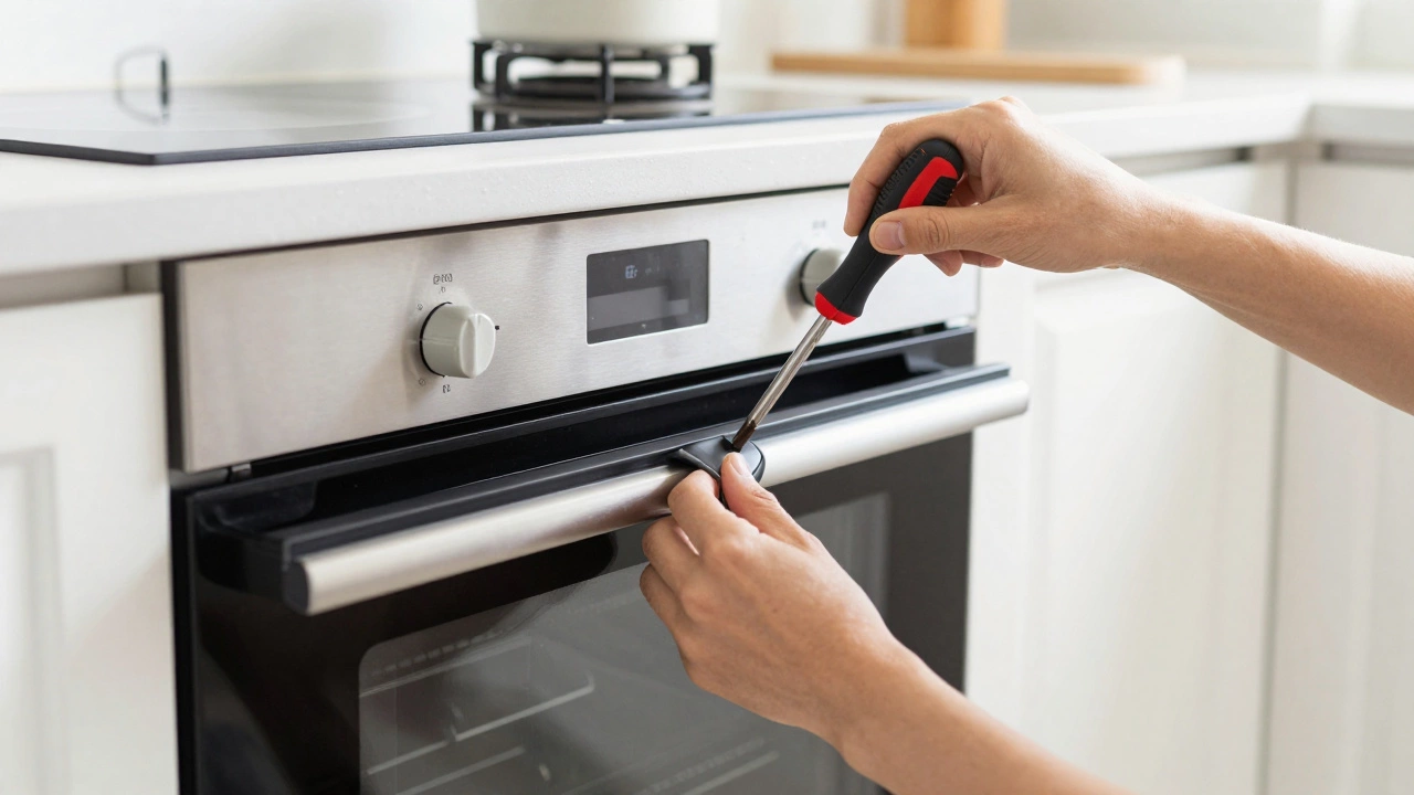 Hands replacing a rubber seal gasket on an electric oven door