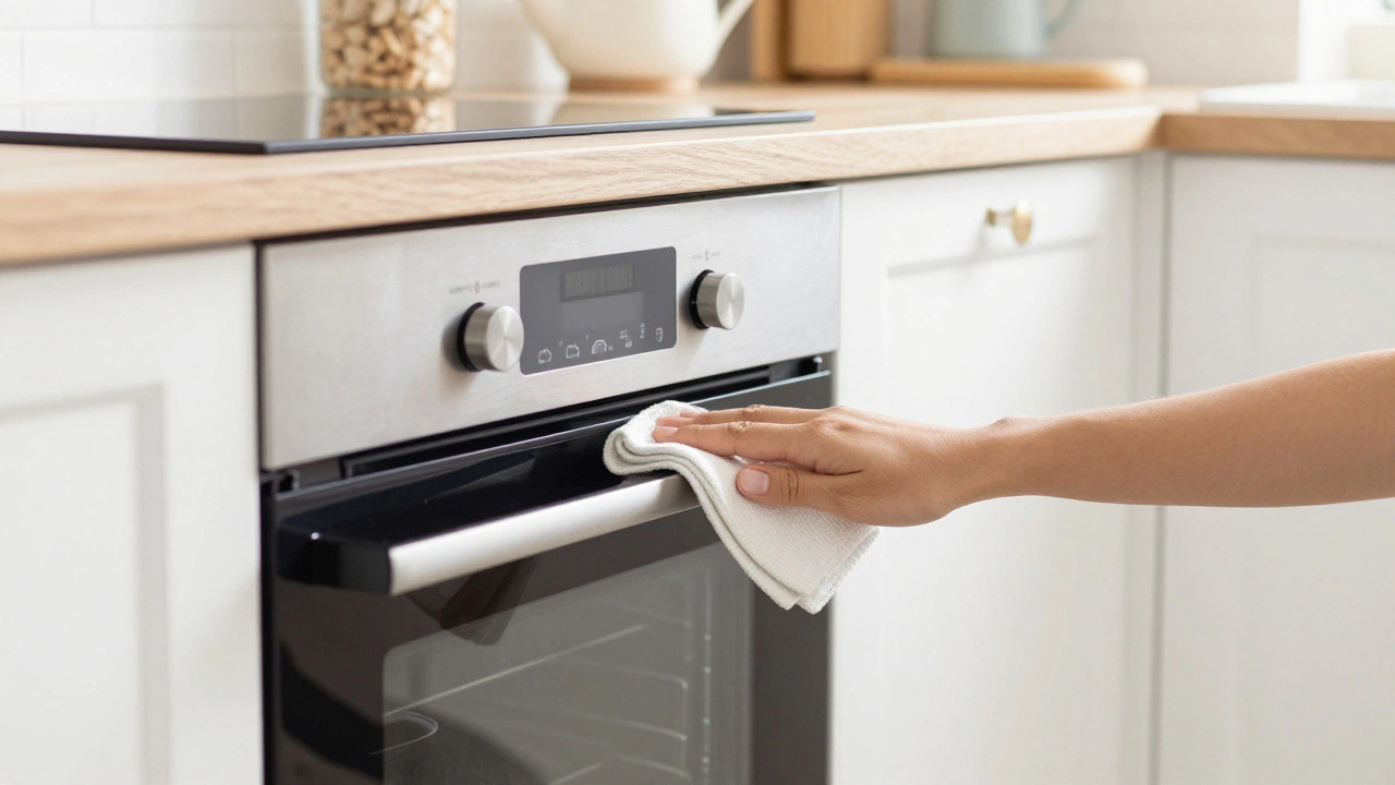 Person cleaning the rubber seal of an electric oven door to maintain its lifespan.